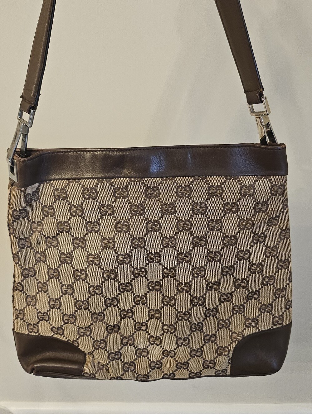 Gucci Vintage GG Canvas Brown Leather Shoulder Bag Hobo